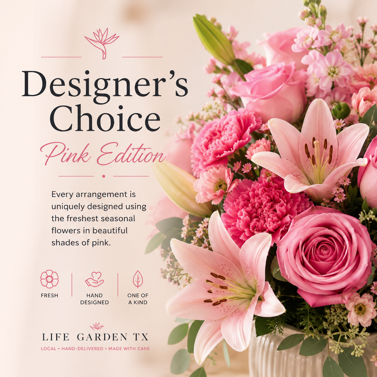 Pink Designer's Choice flower arrangement featuring fresh seasonal pink roses, lilies, carnations, and premium blooms arranged in a ceramic vase.