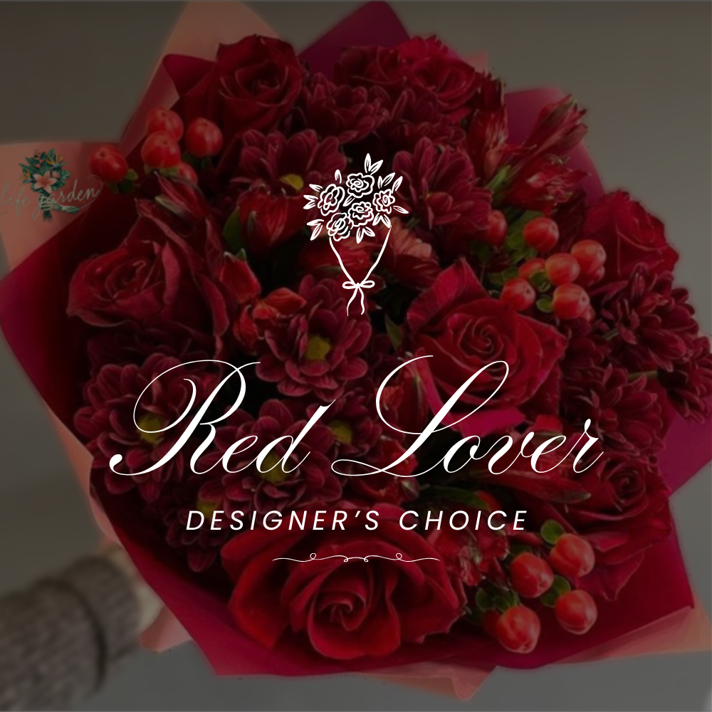 Large Red Lover designer’s choice bouquet with red roses and deep red seasonal blooms.
