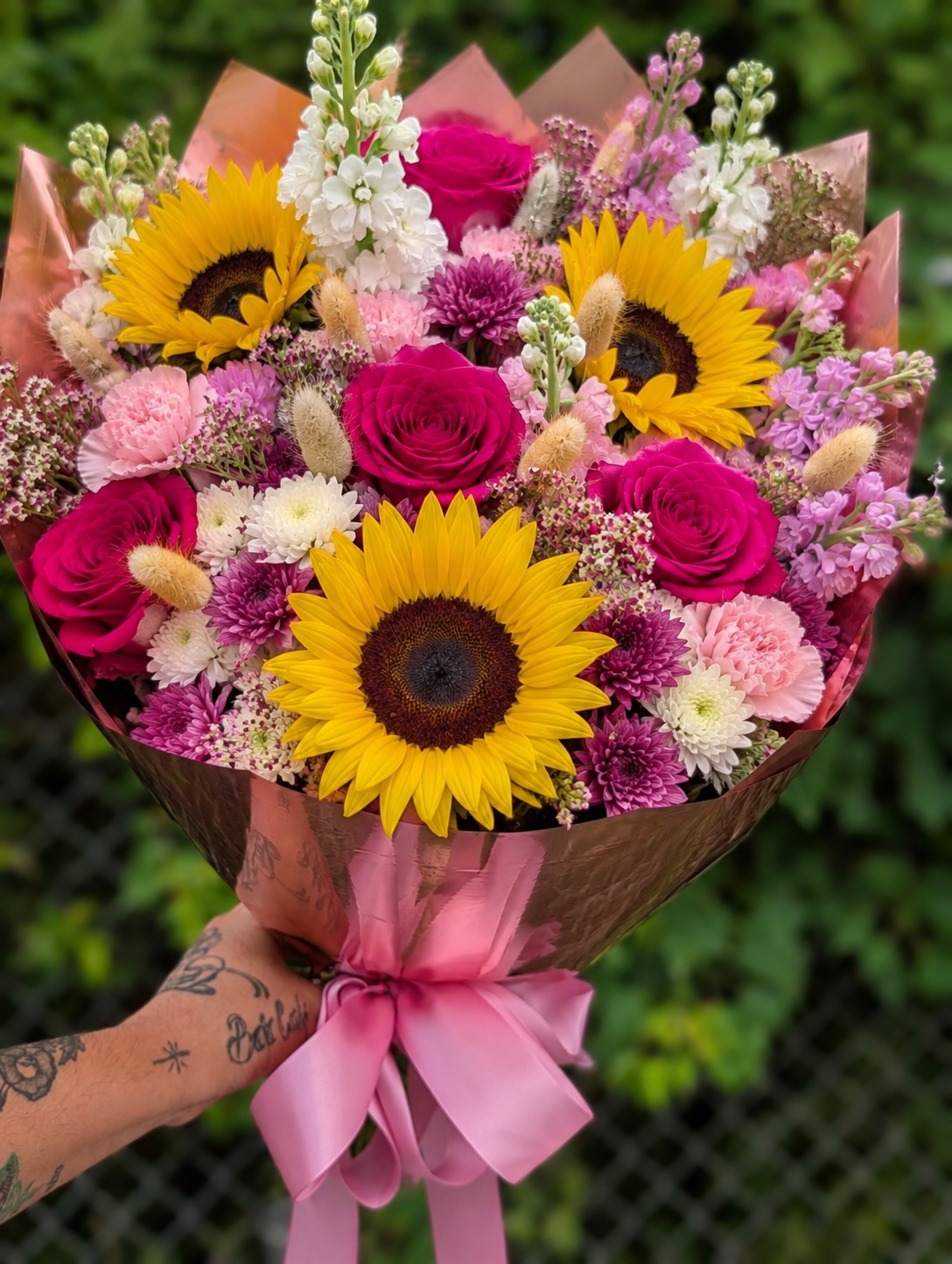 Sunflower & Pink Rose Hand-Tied Bouquet