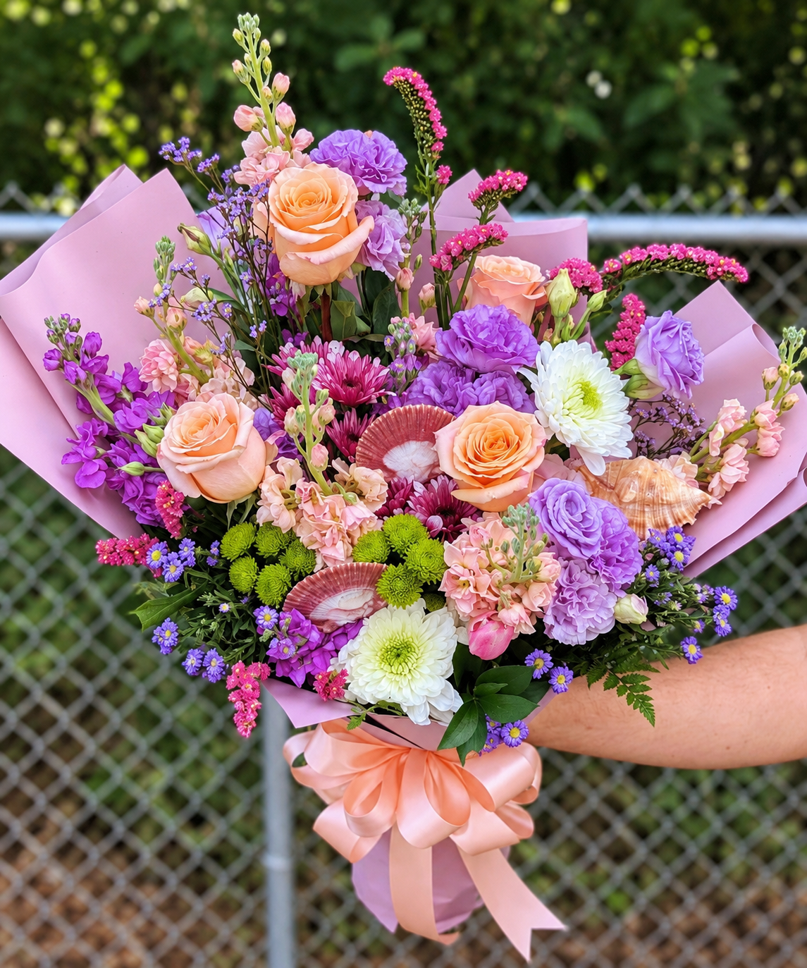 Lavender & Coral Flower Bouquet with Seashells
