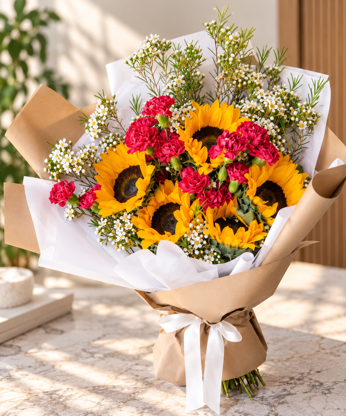 Sunflower and pink Hand-held bouquet