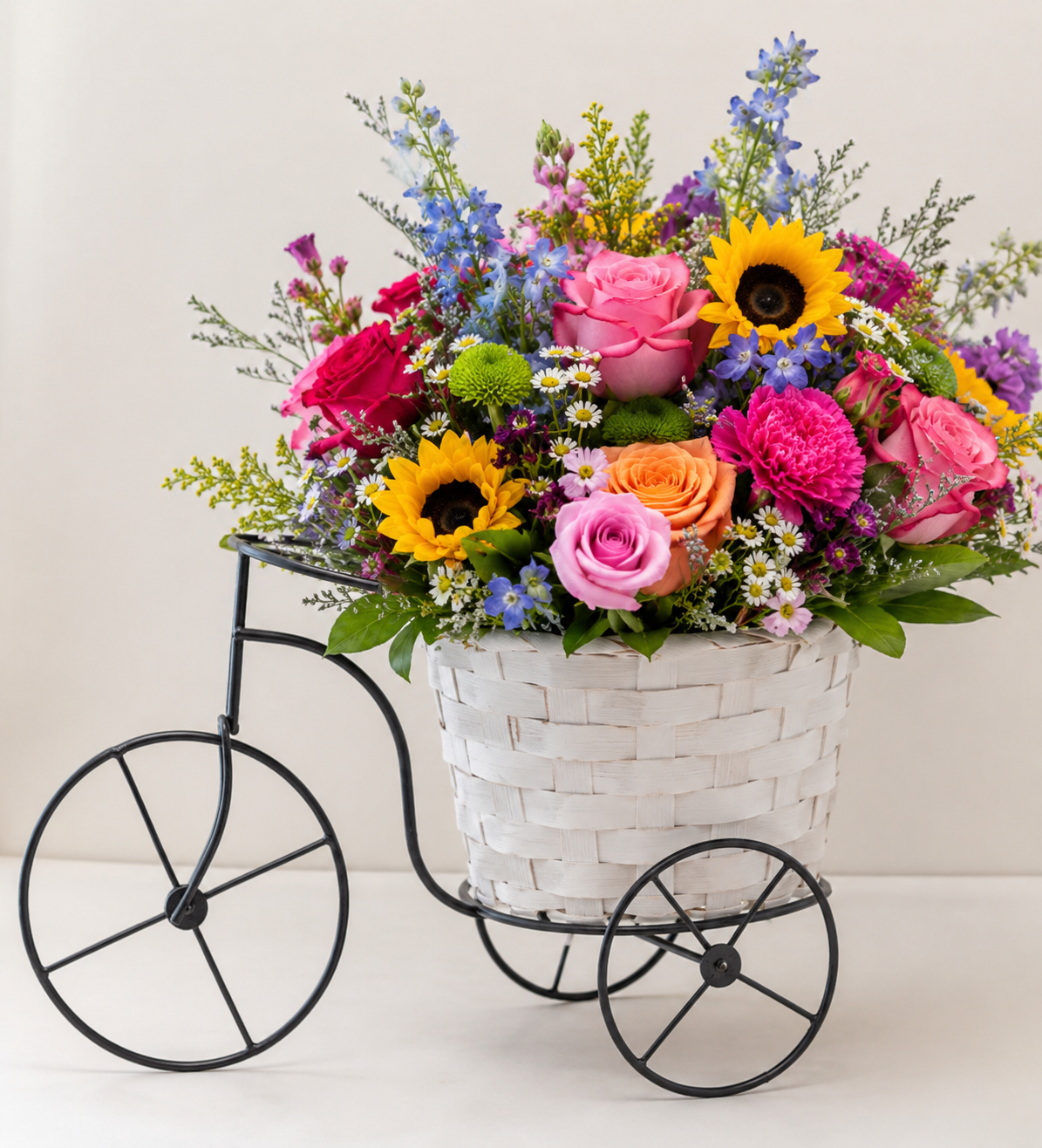 Colorful Garden Bicycle Basket Arrangement