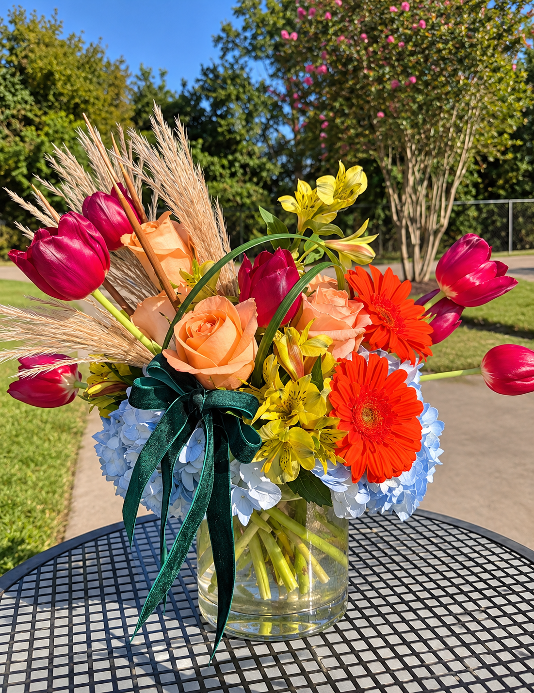 Bright tulip and hydrengea flower bouquet
