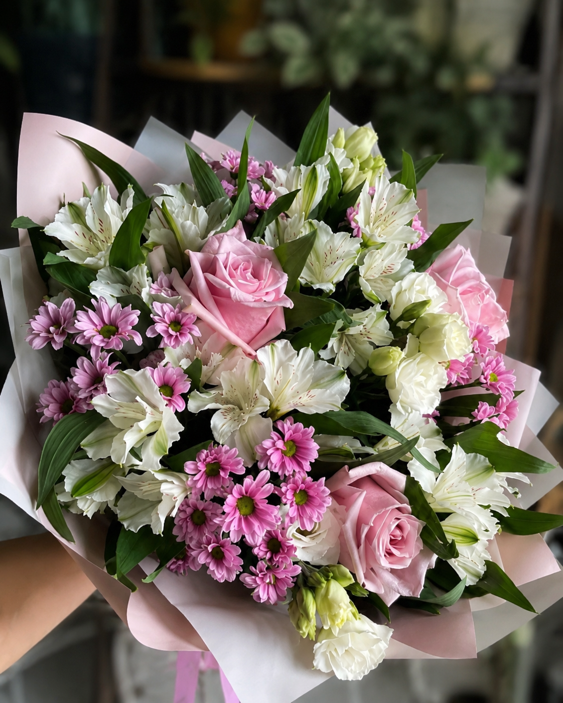 Pink Rose & Alstroemeria Hand-Tied Bouquet