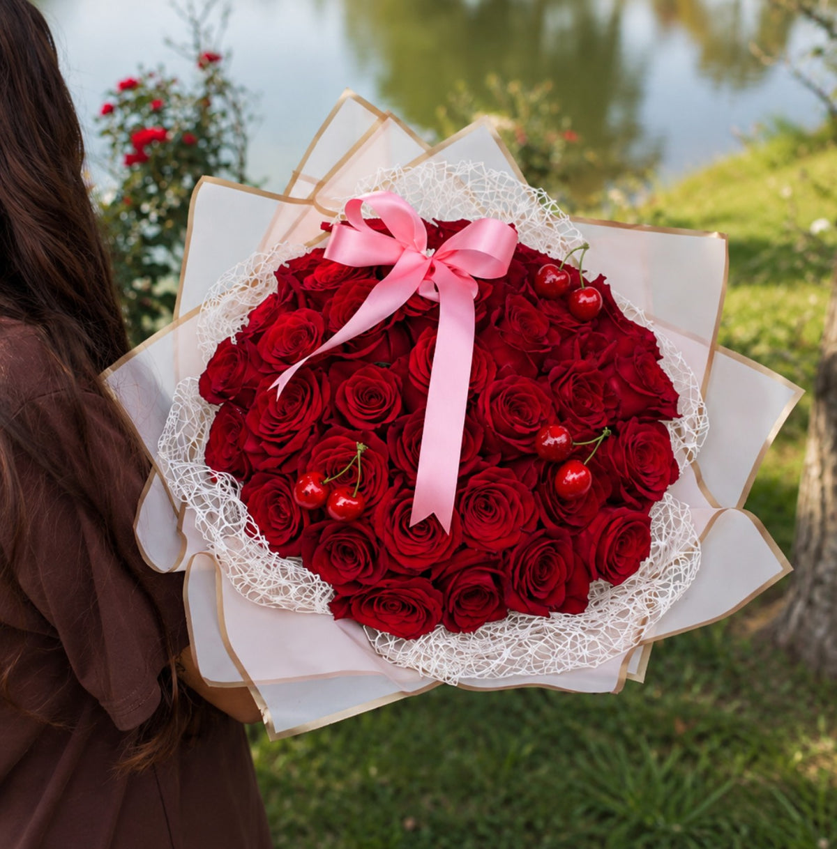 Cherry Red Rose Hand-Tied Bouquet