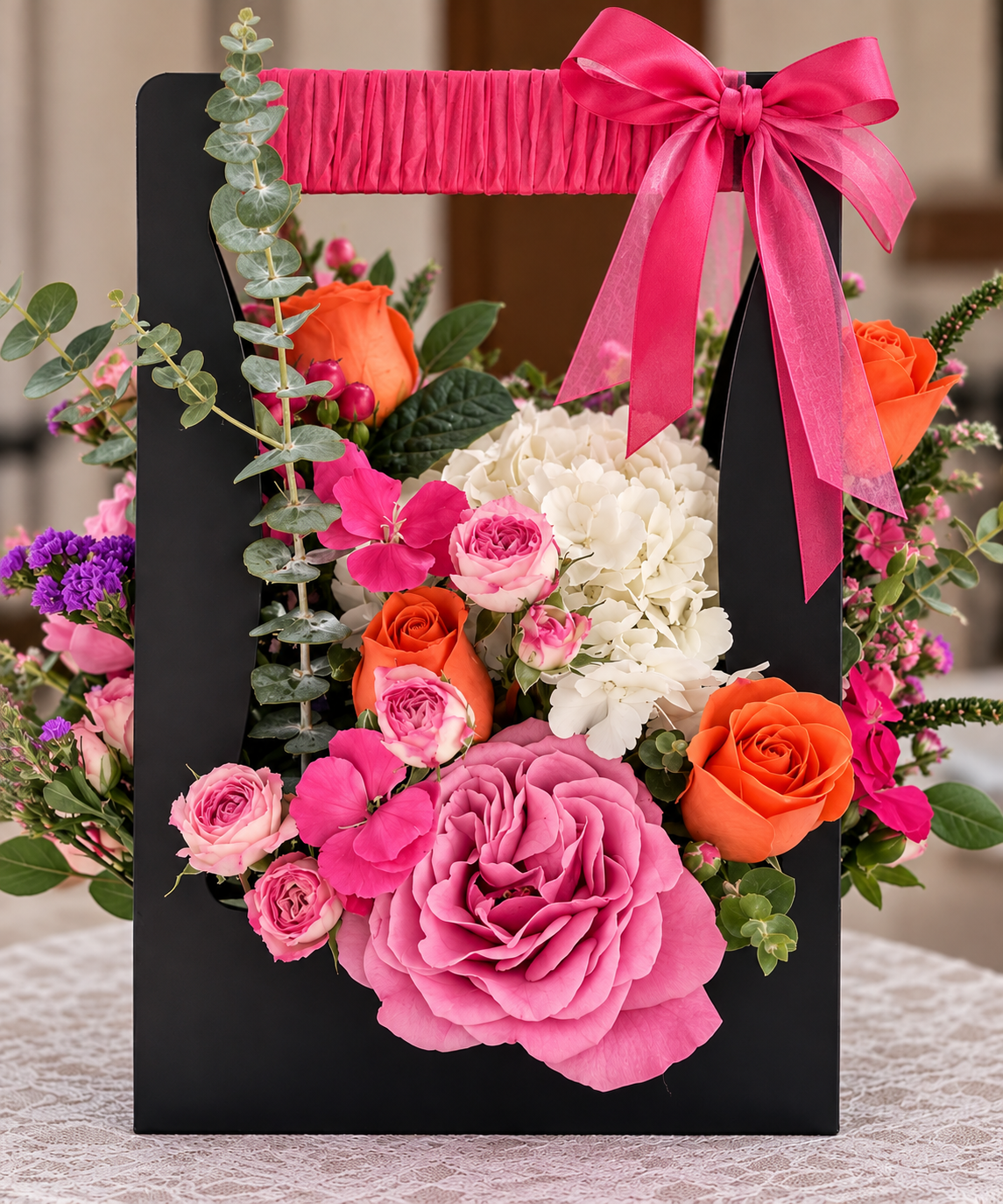 Hot pink Rose & Hydrangea Floral  Basket